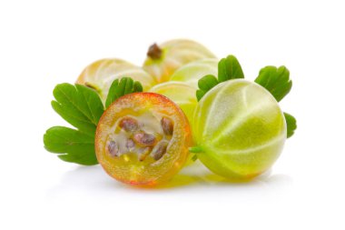 Ripe green gooseberries with leaves isolated on white clipart