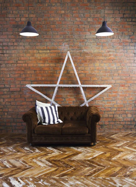 Interior of loft with velvet sofa and lamp — Stock Photo, Image