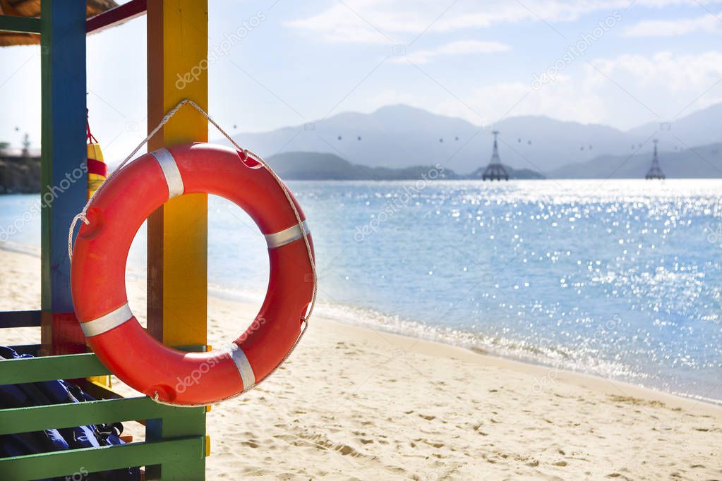 Open lifeguard tower with lifebelt, Nha Trang, Vietnam