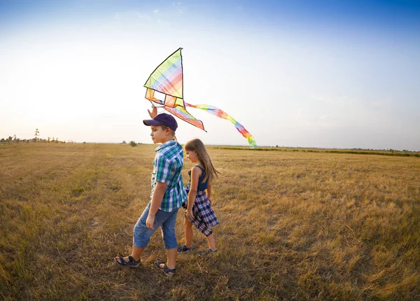 Kite spelen activiteit broer zus saamhorigheid Concept — Stockfoto