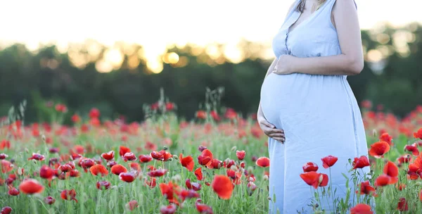 Hermosa mujer embarazada relajándose en el campo de amapola —  Fotos de Stock