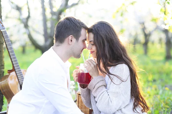 Jovem casal apaixonado no piquenique no jardim flor de primavera — Fotografia de Stock