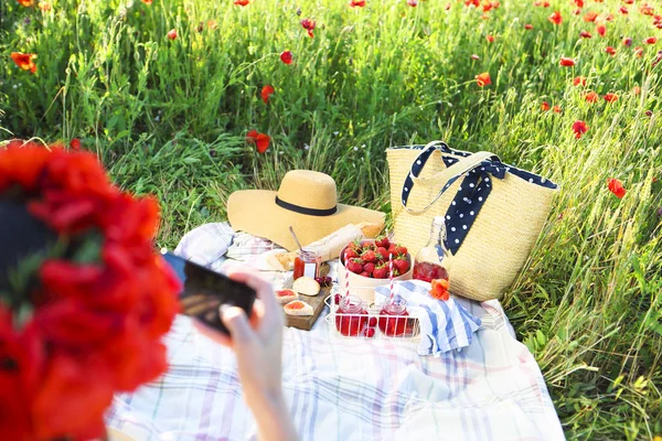 Basket, sandwiches, plaid and juice in a poppy field. Vintage te — Stock Photo, Image