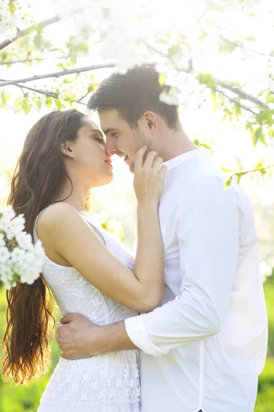 Casal apaixonado beijando e abraçando no parque de primavera — Fotografia de Stock