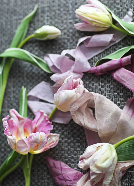 Gyönyörű rózsaszín tulipánok szalaggal, szürke — Stock Fotó