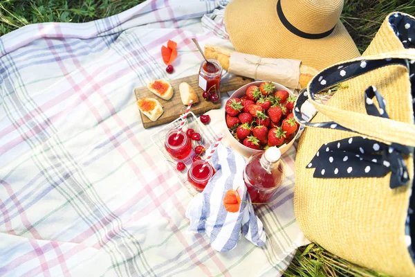 Cesto, panini, plaid e succo di frutta in un campo di papaveri — Foto Stock