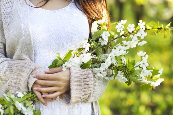 Handen van de vrouw over lentetuin en kersenbloesem backgro — Stockfoto