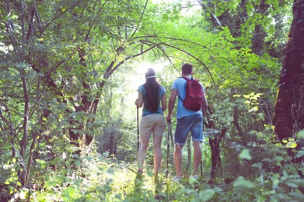 Rucksacktouristen im Wald — Stockfoto