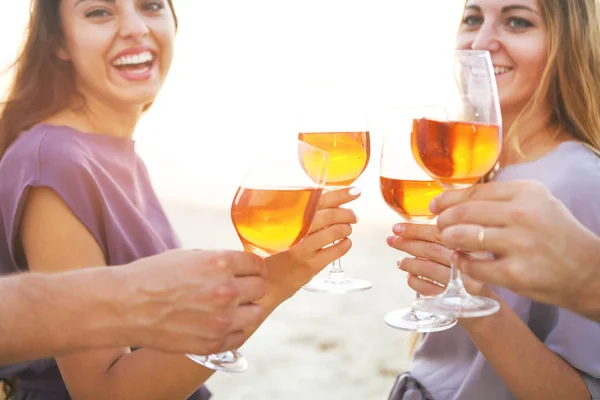People holding glasses of wine and talking at the beach picnic — Stock Photo, Image
