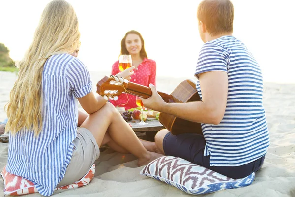 Młodzi przyjaciele picia wina różowego na letni piknik plaża — Zdjęcie stockowe