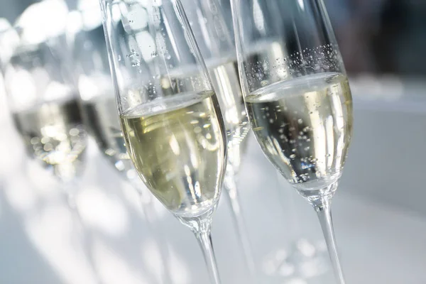 Parlak ışıklar içinde beyaz arka plan üzerinde şampanya bardağı — Stok fotoğraf