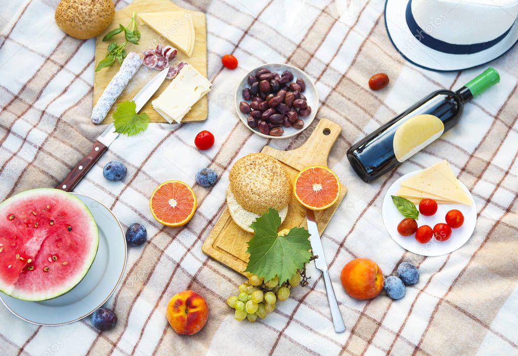 Top view summer garden picnic. Summer party