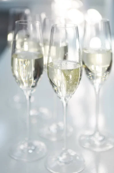 Champagneglas på vit bakgrund i starkt ljus — Stockfoto