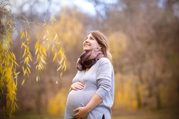 Joyeux jeune femme enceinte dans le parc d'automne — Photo