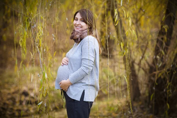 Jovem grávida feliz no parque de outono — Fotografia de Stock