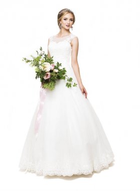 Genç güzel gelin düğün buketi ile