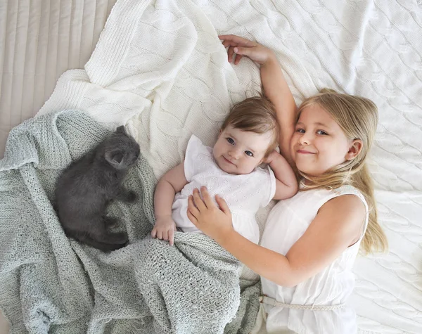 Portrait of two small pretty girls with kitten — Stock Photo, Image