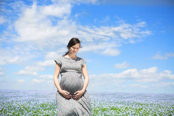 Jonge mooie zwangere vrouw in linnen veld — Stockfoto