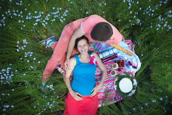 Joven feliz hermosa pareja embarazada en el campo de lino —  Fotos de Stock