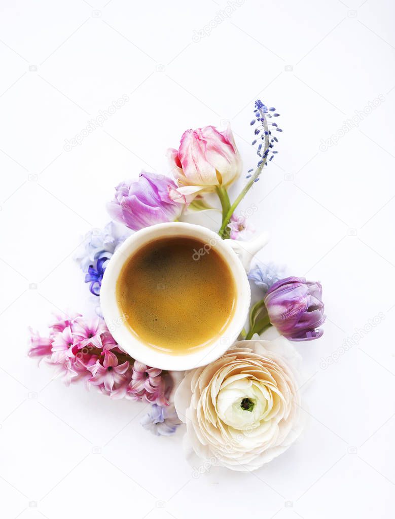 Festive invitation card with beautiful flowers and cup of coffee