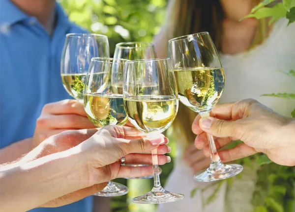 Fête. Des gens portant des verres de vin blanc portant un toast — Photo