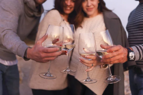 Amici felici che festeggiano l'occasione speciale insieme in spiaggia a — Foto Stock