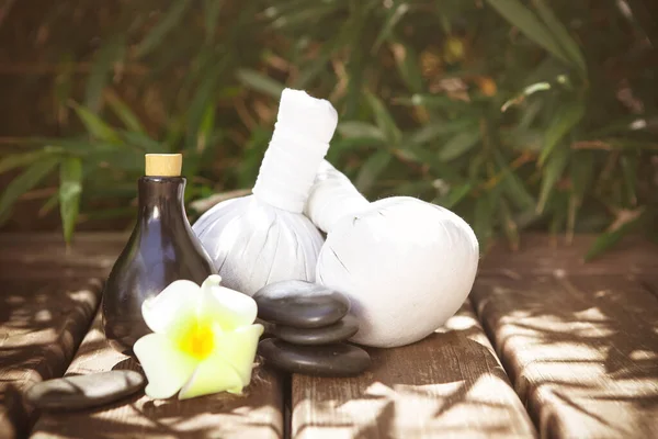 Verschillende Spa Benodigdheden Geplaatst Hout Vloer Tuin Zonnige Dag Resort — Stockfoto