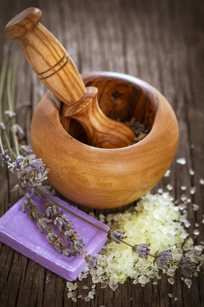 Von Oben Komposition Mit Natürlichen Handgemachten Seife Mit Lavendel Und — Stockfoto