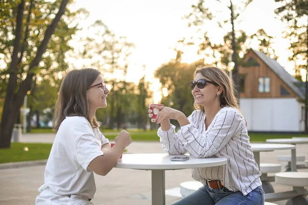 Cheerful Adult Woman Teenager Smiling Enjoying Fresh Coffee While Sitting — Stock Photo, Image