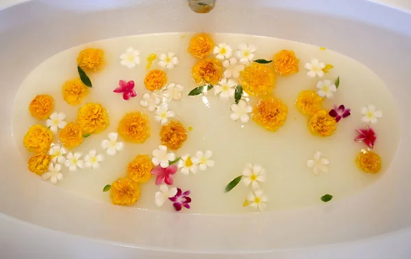 在家里的温泉疗程中 从上面的鲜花漂浮在水里 — 图库照片