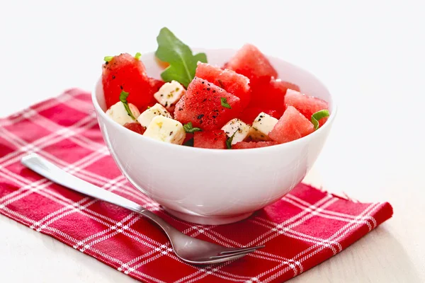 Square Slices Watermelon Cheese Greenery Ceramic Bowl Towel Fork Isolated — Stock Photo, Image