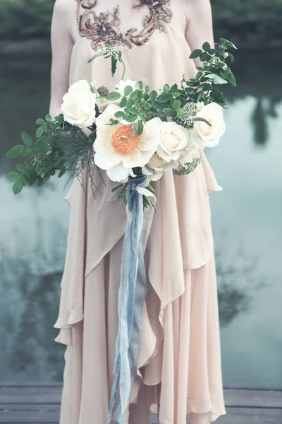 Crop Woman Wearing Boho Chic Pink Long Dress Holding Gorgeous — Stock Photo, Image