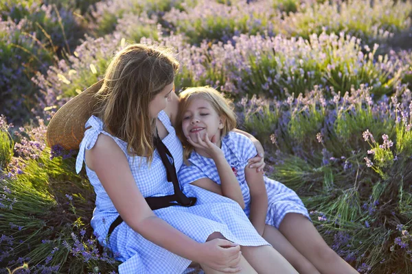 여름날 라벤더 들판에 파란색 체크무늬 소녀의 위에서 — 스톡 사진