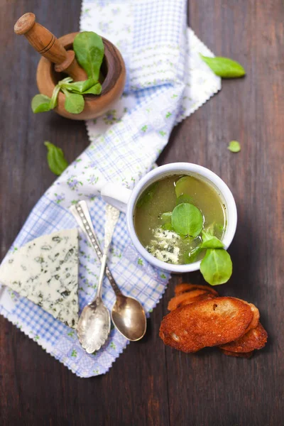 Top View Delicious Soup Served White Mug Fresh Herbs Gorgonzola — Stock Photo, Image