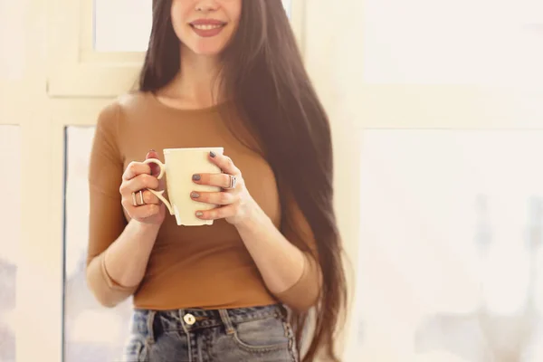 Young Female Casual Wear Sitting Windowsill Drinking Tea While Resting — Stock Photo, Image
