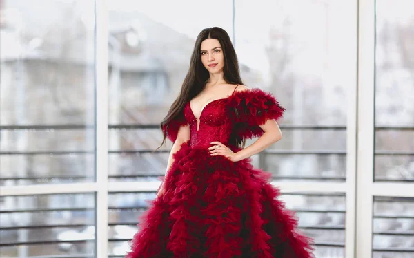 Beautiful Young Brunette Female Luxurious Red Evening Dress Looking Camera — Stockfoto