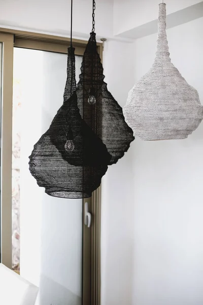 Stylish Black White Textile Lampshades Hanging Ceiling Modern Light Room — Stock Photo, Image