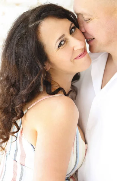 Bald Male Embracing Happy Wife Expectancy Looking Each Other Street — Stock Photo, Image