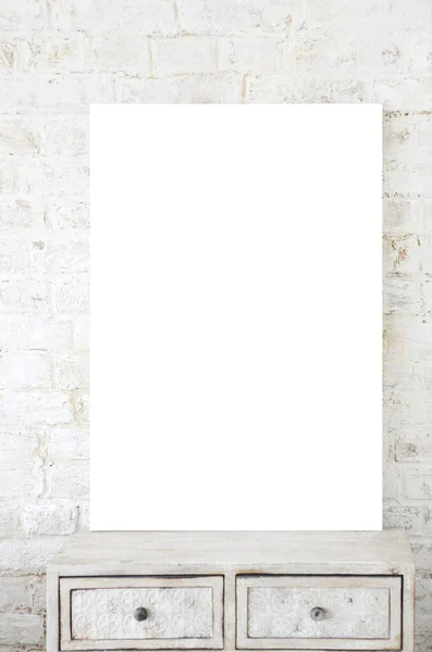 White Blank Poster Placed Vintage Shabby Drawer Cabinet White Brick — Stock Photo, Image
