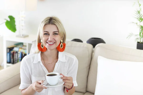 Cheerful Young Female White Blouse Stylish Red Earrings Looking Camera — Stock Photo, Image