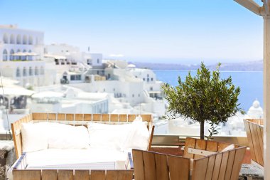 Yunanistan 'daki Santorini Adası' nın Panoramik Görünümü ve Sokakları, Başkent Thira 'da Çekildi 