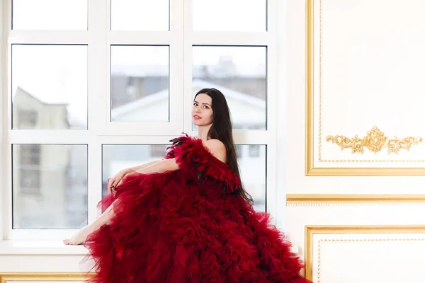 Beautiful Young Brunette Female Luxurious Red Evening Dress Looking Camera — Stock Photo, Image