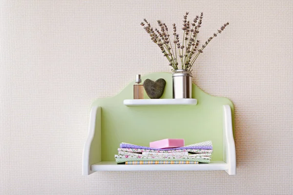 Pink Soap Textile Placed Green Shelf Decorated Flower Heart Shaped — Stock Photo, Image