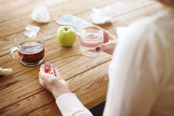 High Angle Anonymous Female Pills Cup Water Witting Table Tea — Stock Photo, Image