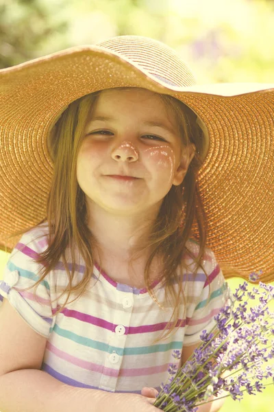 Portrait Happy Little Girl Blonde Long Hair Sunset Lavender Field — Stock Photo, Image