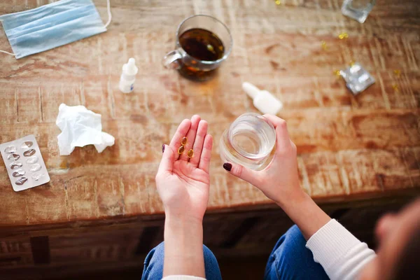 High Angle Anonymous Female Pills Cup Water Witting Table Tea — Stock Photo, Image