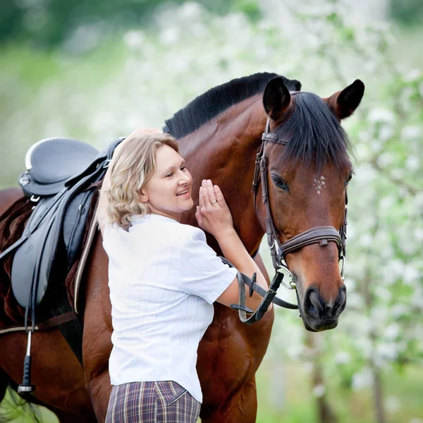 Kobieta i bay horse w ogrodzie apple. Portret konia i pięknej pani. Jeździec. — Zdjęcie stockowe