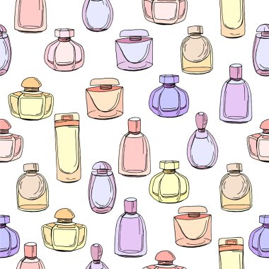Farklı kadın parfüm şişe ile Seamless modeli. Moda tasarımı, sargı, kumaşlar için sonsuz doku.