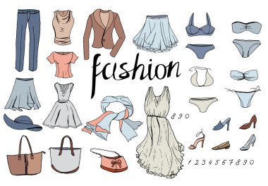 Casual kadın giysiler dizi. Beyaz nesneleri.