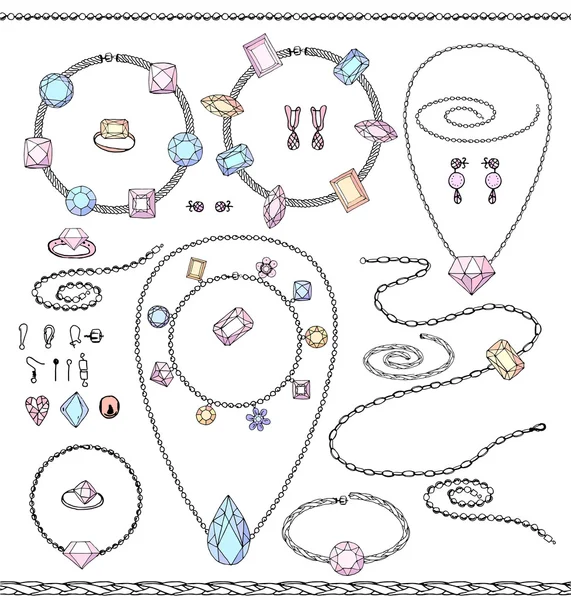 Комплект с украшениями, бусы, цепи, ожерелье, браслеты с charms.Objects изолированы на белом — стоковый вектор